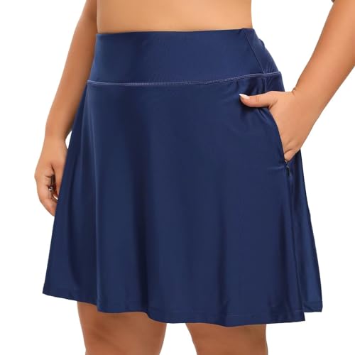 HDTIYUYP Plus-Size Frauen Schwimmen Rock mit hoher Taille UV Schwimmen Skort mit Shorts Damen Strand Wassersport Badeanzug Röcke Bottoms Reißverschluss Taschen Marine 1X von HDTIYUYP