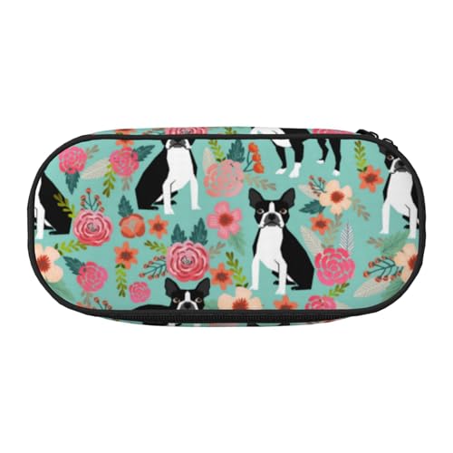HDTVTV Boston Terrier mit Blumen Bleistiftbeutel Stiftetui Tragbare Bleistifttasche Mit Reißverschluss Kosmetiktasche Tasche von HDTVTV
