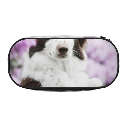 HDTVTV Braune Border Collie Frühlingshunde mit Blumen Bleistiftbeutel Stiftetui Tragbare Bleistifttasche Mit Reißverschluss Kosmetiktasche Tasche von HDTVTV