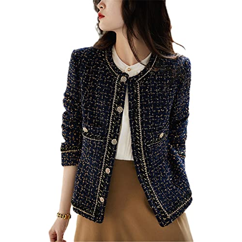 HEAITHpool Damen Herbst Winter Kurz Retro Damen Tweed Anzug Jacke Rundhals All-Match Dunkelblau Blazer, marineblau, 52 von HEAITHpool