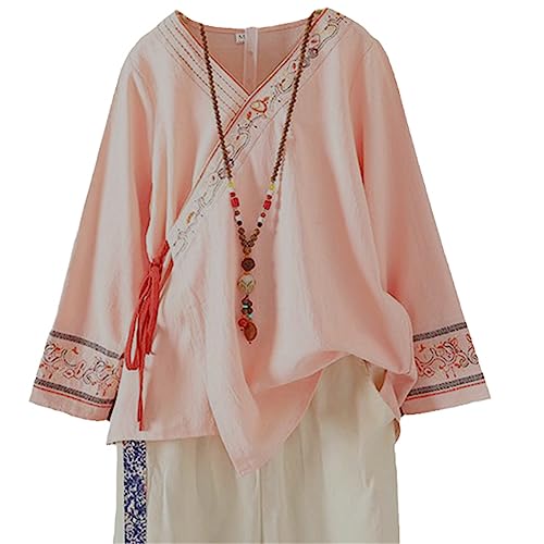 HEAITHpool Frühling Chinesischen Traditionellen Tang-Anzug Weibliche Kostüm Vintage Bluse Langarm Spitze-Up Stickerei Für Frauen Hanfu Pink M von HEAITHpool