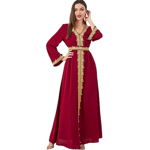 HEAITHpool Sommer Einfarbig Nähte Muslimischen Frauen Kleid Spitze Spleißen Casual Hause Kleid Red M von HEAITHpool