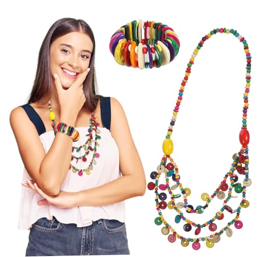 HEALEEP 1Satz Vintage Kokosnussschalen Halskette Armbänder Mehrschichtige Damen Halskette für Sommer Strand und Reisen Leicht und Elegant Exquisites Design mit Bunten Perlen von HEALEEP