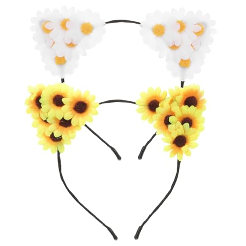 HEALEEP 2 Stück Katzenohren Haarband mit Blumen Dekorativer Haarschmuck für Frauen Daisy Flower Haarreifen für Partys Feiertage und Fotografie Gelb und Weiß von HEALEEP