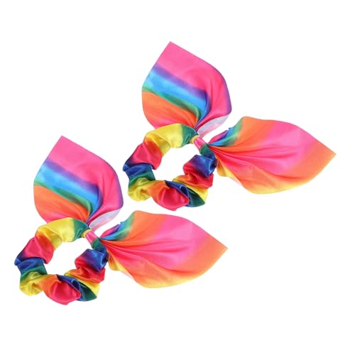 HEALEEP 2 Stück Regenbogen Haargummi mit Hasenohren und Quasten Weiche Haarschleifen für Damen und Mädchen Modisches Haarschmuck Accessoire für Alltag und Besondere Anlässe von HEALEEP
