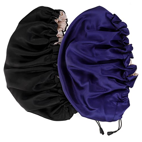 HEALEEP 2 Stück Satin Schlafhaube Verstellbare Doppel Layer Haarkappe für Damen als Duschhaube oder Schlafmütze Schwarz und Frei Atmungsaktiv und Langlebig von HEALEEP