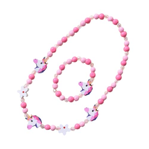 HEALEEP 2 Stück Schmuckset Holzperlen Armband und Halskette mit Einhorn Anhänger Elastisch Verstellbar Bunte Farben Freundschaftsarmband und Halskette für Mädchen von HEALEEP