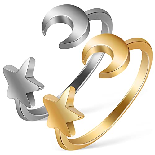 HEALEEP 2 Stück Verstellbare Offene Stern Mond Ringe Damen Fingerringe aus Hautfreundlicher Legierung Leichte Accessoires für Fingergrößen von HEALEEP