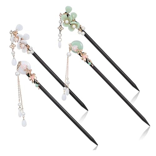 HEALEEP 4 Stück Chinesische Holz Haarstäbchen Teiliges Retro Haarnadeln mit Anhängern Leicht und Robust für Langes Haar Styling und Fixierung Damen Haarschmuck Vielfältige Designs von HEALEEP