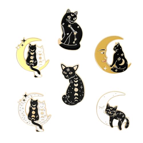 HEALEEP 6 Stück Cartoon Broschen Katzen mond motiv Modische Anstecknadeln aus Langlebigem Material Vielseitig für Kleidung Taschen Hüte Haarschmuck Accessoires Stilvolle Dekoration von HEALEEP