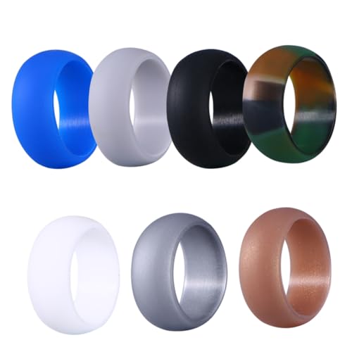 HEALEEP 7 Stück Teiliges Silikon Eheringe für Herren Flexible Hautfreundliche und Wasserfeste Trauringe in Camouflage Gold Silber Dunkel und Blau Komfortable Größe Geschwollenen Fingern von HEALEEP