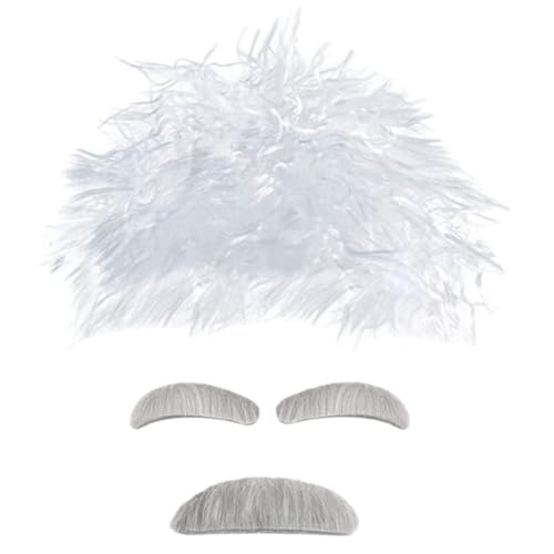 HEALEEP Cosplay Wissenschaftler Perücke Weißer Verrückter Professor Lockige Perücke mit Schnurrbart und Augenbrauen für Halloween Karneval Festival von HEALEEP