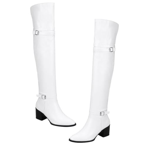 HEALEEP Damen Overknee Stiefel Weiß Herbst Winter Hochwertige Thigh High Boots mit Dickem Absatz Warme Langschaft Stiefel für Kalte Tage Elegant und von HEALEEP