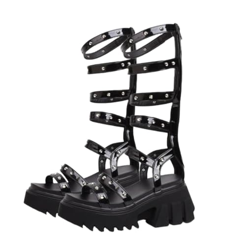 HEALEEP Damen Sandalen mit Klobigem Keilabsatz Schwarze PU Riemen Kreative Modische Offene Zehen Sommerliche Stylische Damenschuhe für Alltag und Freizeit von HEALEEP
