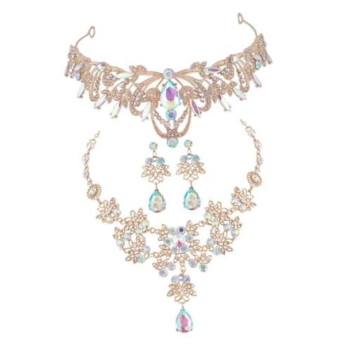 HEALEEP Elegantes Mädchen Schmuckset mit Goldfarbener Krone Funkelnden Strass Halskette und Passenden Dangle Ohrringen Robustes Brautschmuck Set für Hochzeit Party und Festliche Anlässe von HEALEEP