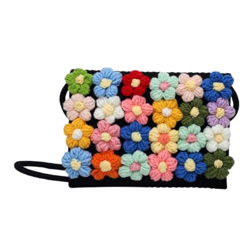HEALEEP Handgewebte Crossbody Umhängetasche Damen Sommer Strandtasche mit Blumenmuster Leichte Modische Gewebte Schultertasche für Freizeit und Urlaub Schwarze Gehäkelte Tasche von HEALEEP
