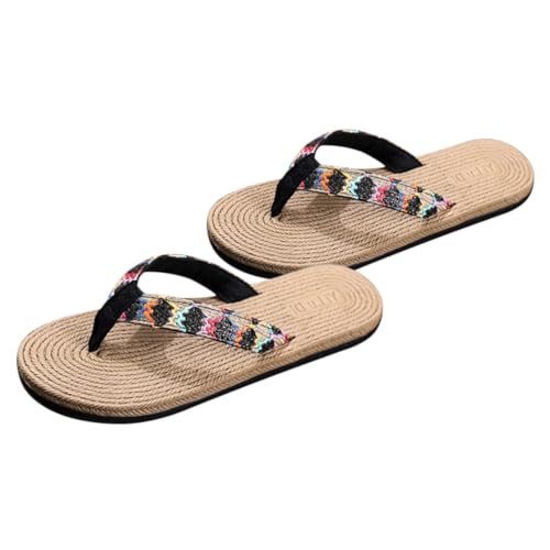 HEALEEP Sommer Sandalen Damen Geflochtene Strohpantoffeln Flache Sohle Rutschfest Strand Hausschuhe Leichte Outdoor Flip Flops für Alltag und Urlaub Schwarz von HEALEEP