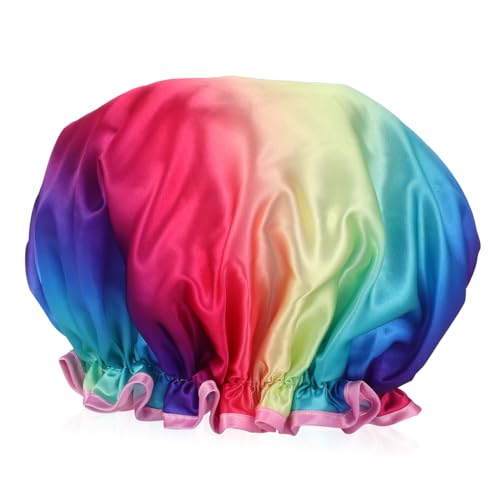 HEALEEP Wasserdichte Duschhaube Damen Doppellagiger Satin Regenbogen Wiederverwendbar Elastisch Haarhaube für Männer Frauen Spa Reise Alltag von HEALEEP