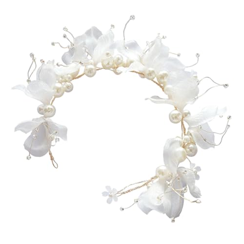 HEALEEP Weißes Braut Stirnband mit Stoffblume und Perlen Eleganter Hochzeitsschmuck für Damen Leichtes Haar Accessoire für Braut und Brautjungfer Festliche Party und Abendmode von HEALEEP