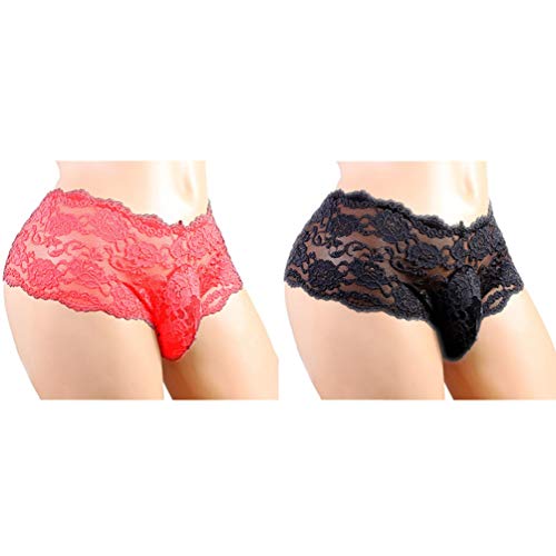 HEALLILY 2Pcs Männer Sissy Beutel Höschen Spitze Sexy Unterhose Stickerei Unterwäsche Boxershorts - Größe L (Schwarz + Rot) von HEALLILY