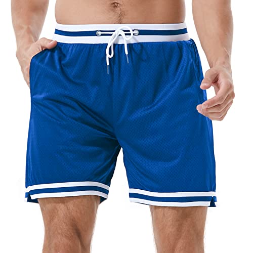 HEALONG Basketball Athletic Shorts Herren - Mesh Gym Sport Workout Training Kordelzug Retro Casual Mode Kurz mit Taschen, blau, Mittel von HEALONG