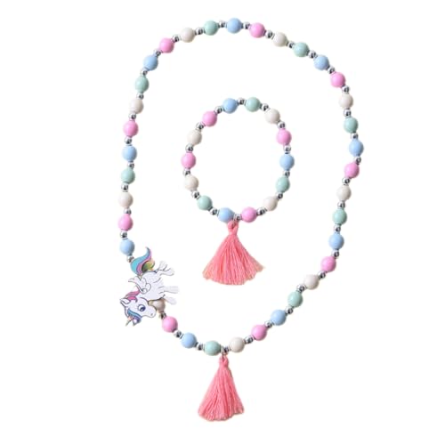 HEALSOPTHY 1 Satz Buntes Holzperlen Schmuckset für Mädchen Einhorn Halskette Armband für Geburtstagsfeiern und Fotografie DIY Schmuck Handgefertigt und von HEALSOPTHY