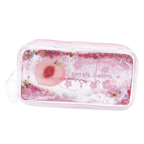 HEALSOPTHY 1 Stück PVC Stiftetui mit Pfirsichmuster Glitzerndes Quicksand Design Großer Kapazitäts Bleistiftbeutel für Schule und Reisen Transparente Kosmetiktasche mit Reißverschluss Leicht von HEALSOPTHY