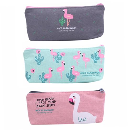 HEALSOPTHY 3 Stück Teiliges Canvas Federmäppchen Flamingo Muster Große Kapazität Umweltfreundlich Robust Modisch für Schüler und Jugendliche Praktische Stifttasche für Schule Zufällige Farbe von HEALSOPTHY