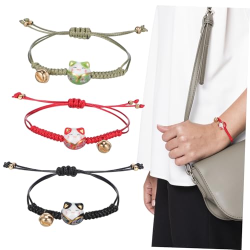 HEALSOPTHY 3 Teiliges Maneki Neko Armband Verstellbar Glückskatzen Armbänder mit Glocke für Frauen Männer Mädchen Symbol für Wohlstand und Glück von HEALSOPTHY