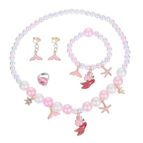 HEALSOPTHY 4 Stück Teiliges Schmuckset Meerjungfrau Anhänger mit Ring Halskette Ohrclips und Armband Niedliches Cartoon Design Geeignet für Geburtstag Party und für Mädchen von HEALSOPTHY