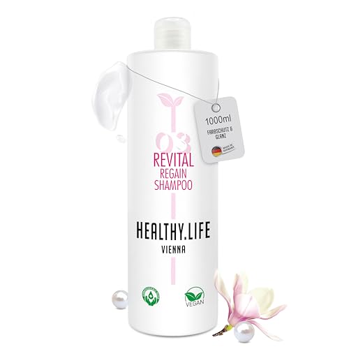 HLV - Farbschutz Shampoo 1L für gesträhntes, gefärbtes & getöntes Haar mit Keratin & Magnolie, Vegan - Farbshampoo, mildes Haarshampoo, Pflegeshampoo - Haarpflege Damen & Herren (Revital Regain 1L) von HEALTHY.LIFE VIENNA