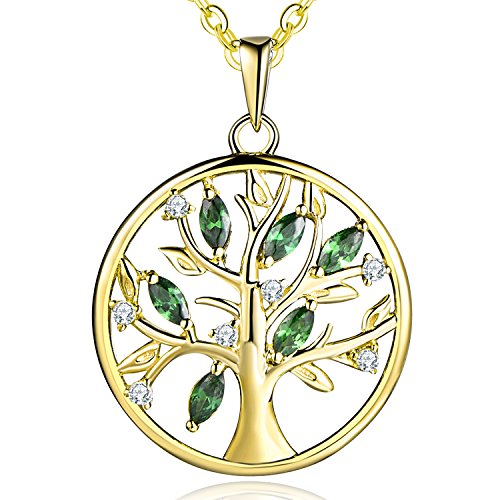 JO WISDOM Halskette Baum Des Lebens,Kette anhaenger silber 925 lebensbaum Familie Anhänger Halskette mit 3A Zirconia Mai Geburtsstein Smaragd Farbe mit Gelbgold überzogen Schmuck für Frauen Damen von JO WISDOM