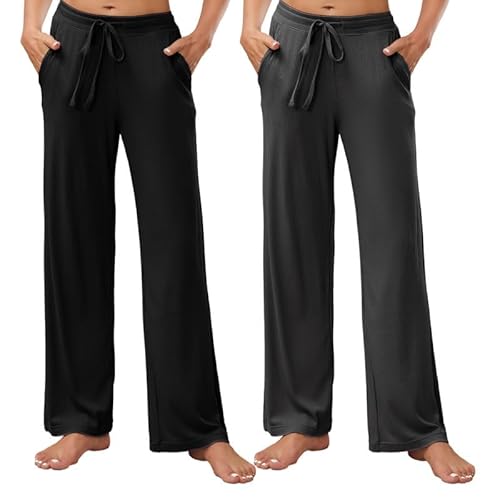 HEARTNICE 2-er Pack Pyjamahose Damen lang Schlafanzughose Schlafhose mit Taschen Freizeithose Yoga Hose mit weitem Bein (Schwarz+Dunkelgrau Mel., L) von HEARTNICE