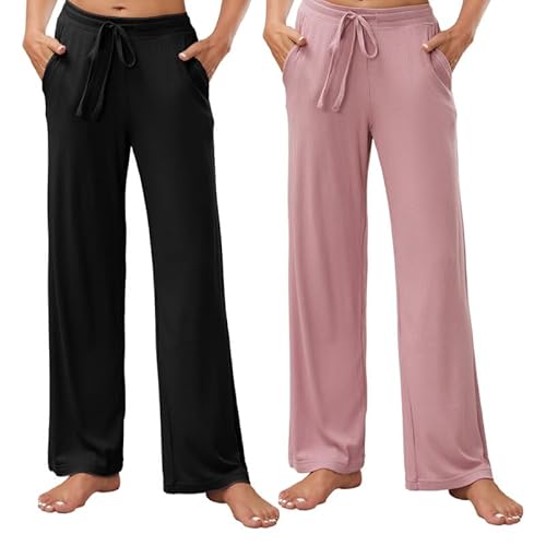 HEARTNICE 2-er Pack Pyjamahose Damen lang Schlafanzughose Schlafhose mit Taschen Freizeithose Yoga Hose mit weitem Bein (Schwarz+Dunkelrosa, L) von HEARTNICE