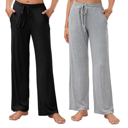 HEARTNICE 2-er Pack Pyjamahose Damen lang Schlafanzughose Schlafhose mit Taschen Freizeithose Yoga Hose mit weitem Bein (Schwarz+Hellgrau Mel., M) von HEARTNICE