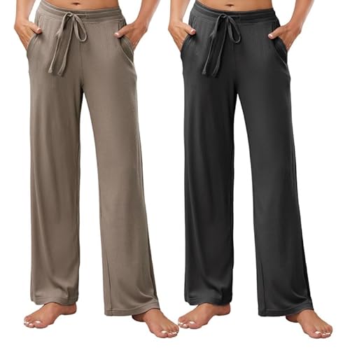 HEARTNICE 2 x Damen Pyjamahosen mit Taschen Weite Beine Schlafhose Bequeme Stretch Yoga Hose (Dunkelgrau Mel.+Khaki, L) von HEARTNICE