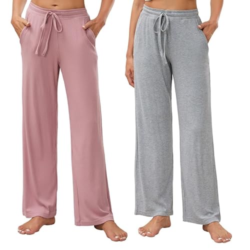HEARTNICE 2 x Damen Pyjamahosen mit Taschen Weite Beine Schlafhose Bequeme Stretch Yoga Hose (Hellgrau Mel.+Dunkelrosa, S) von HEARTNICE