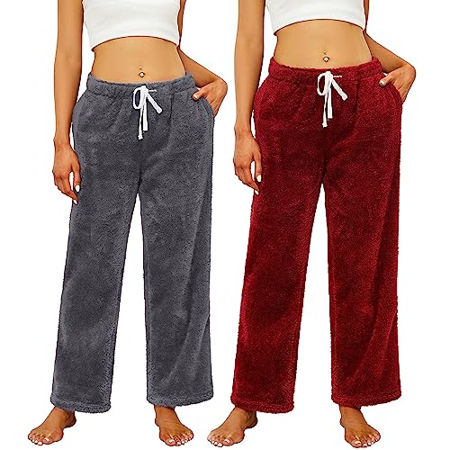HEARTNICE 2er Pack Pyjamahose Damen lang Plüsch weiche Schlafhose flauschige Schlafanzughose Fleece Pyjama Hose Schlafanzug Hose Haushose Lockere Hosen (Dunkelgrau+Weinrot, L) von HEARTNICE