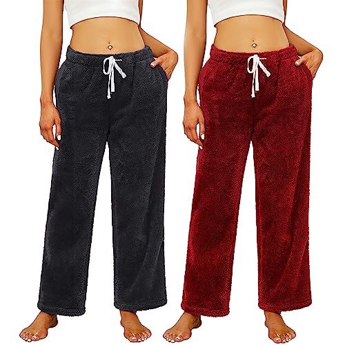 HEARTNICE 2er Pack Pyjamahose Damen lang Plüsch weiche Schlafhose flauschige Schlafanzughose Fleece Pyjama Hose Schlafanzug Hose Haushose Lockere Hosen (Schwarz+Weinrot, 2XL) von HEARTNICE