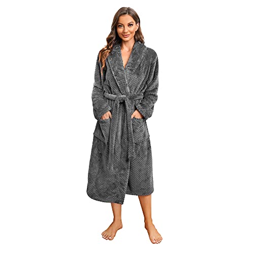 HEARTNICE Damen Fleece Bademantel Morgenmantel weich warm Bademantel Damen Plüsch flauschig Bademäntel Saunamantel Hausmantel (Dunkelgrau, L/XL) von HEARTNICE