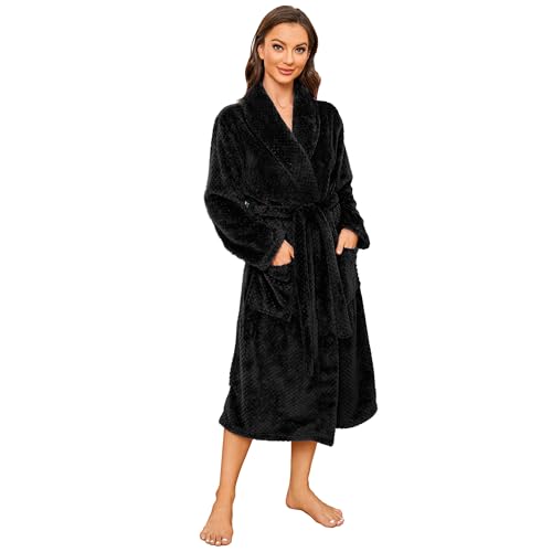 HEARTNICE Damen Fleece Bademantel Morgenmantel weich warm Bademantel Damen Plüsch flauschig Bademäntel Saunamantel Hausmantel (Rußschwarz, S/M) von HEARTNICE