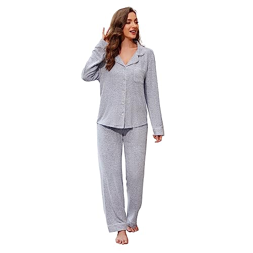 HEARTNICE Damen Fleece Schlafanzug Schlafanzüge für Damen Loungewear Pyjama Damen lang Button Down Superweicher Schlafanzug Langarm Pijamas Damen Set (Dunkelgrau Mel., XL) von HEARTNICE