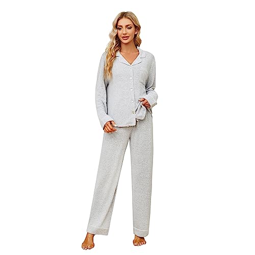 HEARTNICE Damen Fleece Schlafanzug Schlafanzüge für Damen Loungewear Pyjama Damen lang Button Down Superweicher Schlafanzug Langarm Pijamas Damen Set (Hellgrau Mel., XL) von HEARTNICE