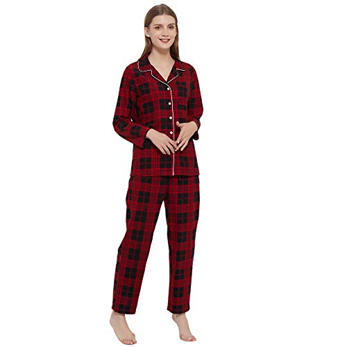 HEARTNICE Damen weiches Pyjama Set, Langer Warmer Flanell Schlafanzug leichte niedliche Bedruckte Pyjamas mit Taschen (Rot-Schwarz kariert, L) von HEARTNICE