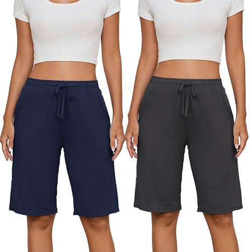 HEARTNICE Kurze Schlafhose Damen Pyjamahose Schlafanzughose Lounge Bermuda Shorts Knielang Schlafshorts (Marineblau+Dunkelgrau, S) von HEARTNICE