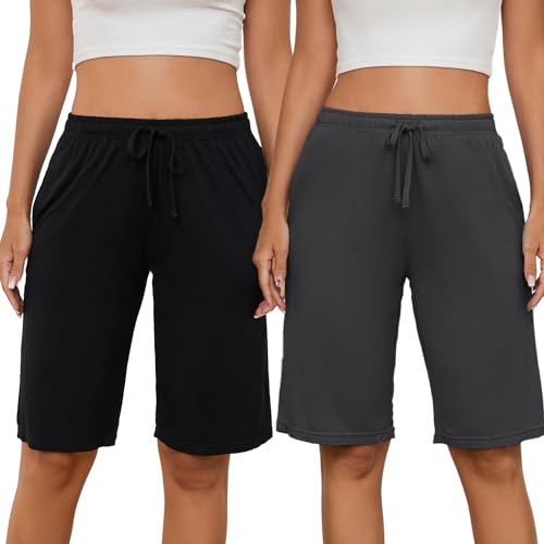 HEARTNICE Kurze Schlafhose Damen Pyjamahose Schlafanzughose Lounge Bermuda Shorts Knielang Schlafshorts (Schwarz+Dunkelgrau, S) von HEARTNICE