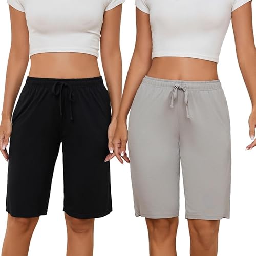 HEARTNICE Kurze Schlafhose Damen Pyjamahose Schlafanzughose Lounge Bermuda Shorts Knielang Schlafshorts (Schwarz+Hellgrau, S) von HEARTNICE