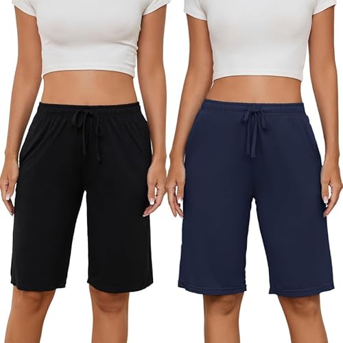HEARTNICE Kurze Schlafhose Damen Pyjamahose Schlafanzughose Lounge Bermuda Shorts Knielang Schlafshorts (Schwarz+Marineblau, M) von HEARTNICE