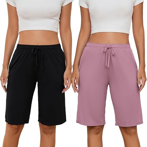 HEARTNICE Kurze Schlafhose Damen Pyjamahose Schlafanzughose Lounge Bermuda Shorts Knielang Schlafshorts (Schwarz+Schmutzigrosa, S) von HEARTNICE