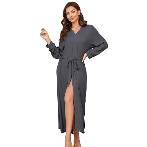 HEARTNICE Leichter Bademantel Damen lang, Morgenmantel Damen langer Hausmantel weiche Nachtwäsche Saunamantel Loungewear (Dunkelgrau, M) von HEARTNICE